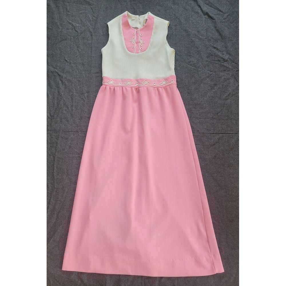 Vintage 60s 70s Pink White‎ Maxi Dress Mod Hippy Retro Knit Details Size S/M